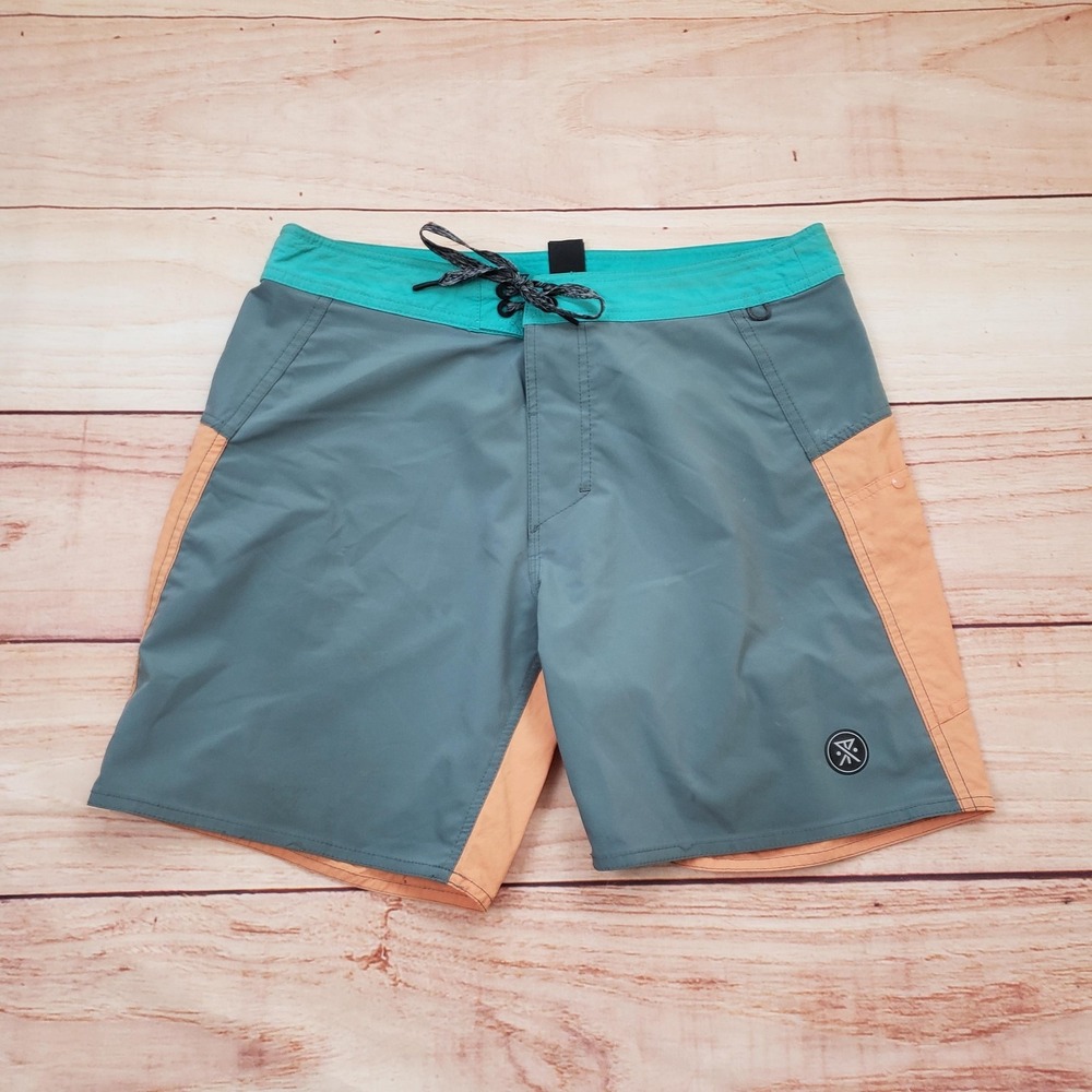 Roark Men's Teal Waist Gray Board Shorts with Tan Panels